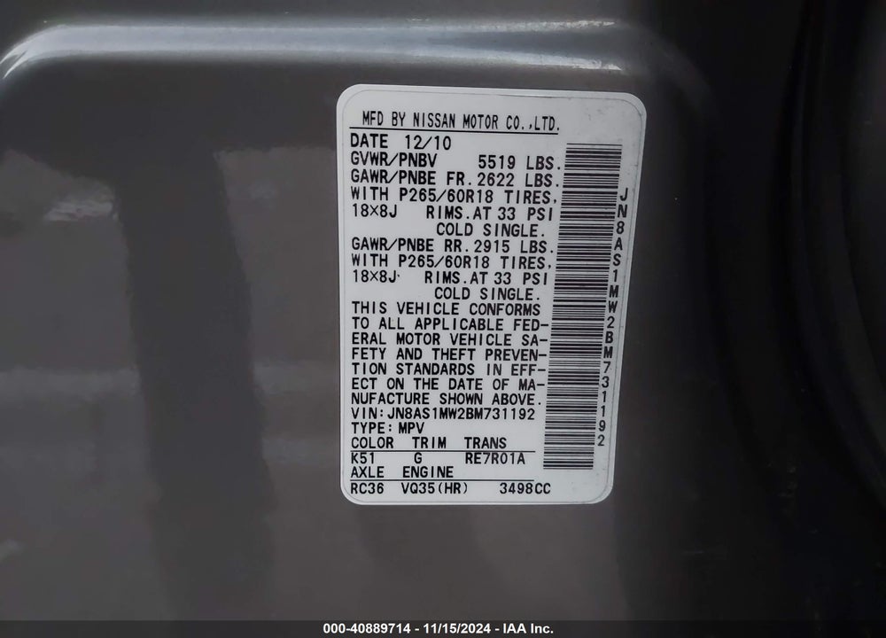 2011 INFINITI FX35 VIN: JN8AS1MW2BM731192