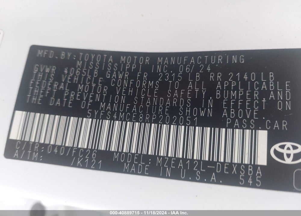 2024 TOYOTA COROLLA SE VIN: 5YFS4MCE8RP202051