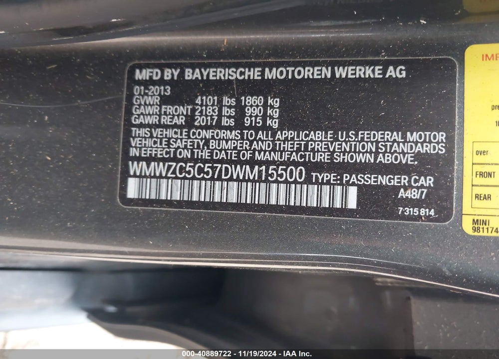 2013 MINI COUNTRYMAN COOPER S VIN: WMWZC5C57DWM15500