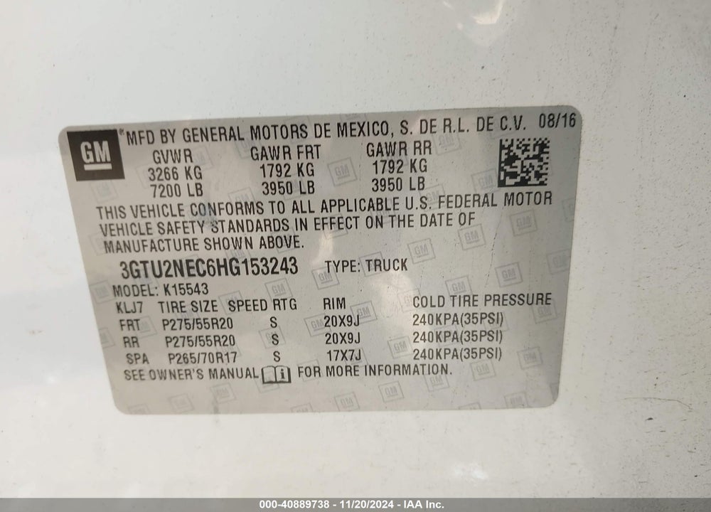 2017 GMC SIERRA 1500 SLT VIN: 3GTU2NEC6HG153243