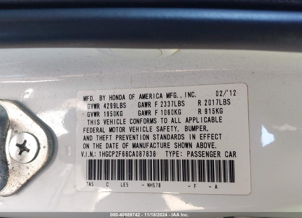 2012 HONDA ACCORD 2.4 SE VIN: 1HGCP2F66CA087838