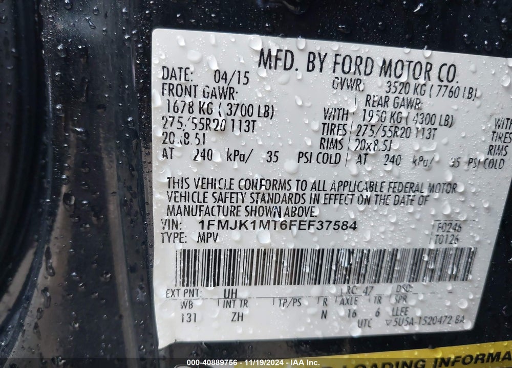 2015 FORD EXPEDITION EL PLATINUM VIN: 1FMJK1MT6FEF37584