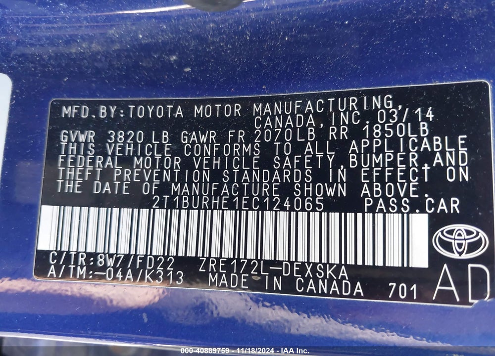 2014 TOYOTA COROLLA S PLUS VIN: 2T1BURHE1EC124065