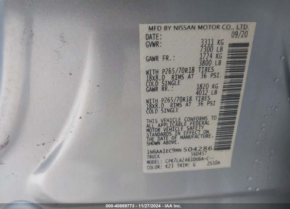 2021 NISSAN TITAN S 4X4 VIN: 1N6AA1EC9MN504286