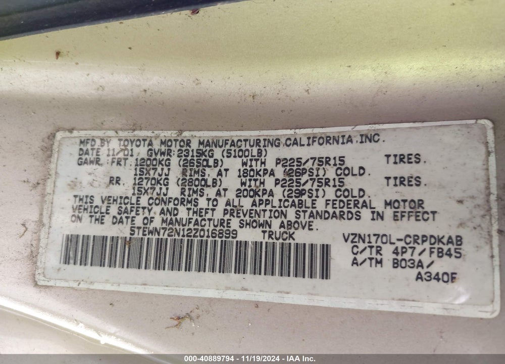 2002 TOYOTA TACOMA BASE V6 VIN: 5TEWN72N12Z016899