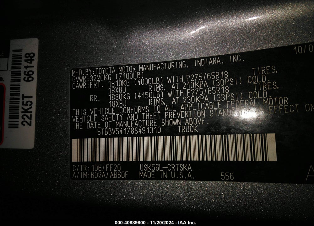 2008 TOYOTA TUNDRA SR5 5.7L V8 VIN: 5TBBV54178S491310