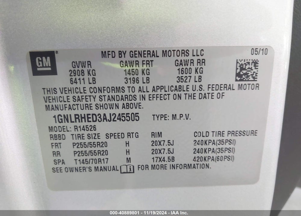 2010 CHEVROLET TRAVERSE LTZ VIN: 1GNLRHED3AJ245505