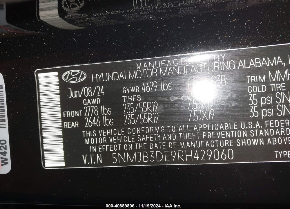 2024 HYUNDAI TUCSON SEL VIN: 5NMJB3DE9RH429060