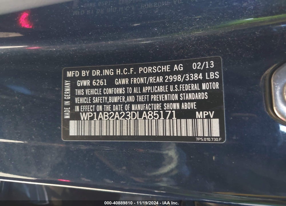 2013 PORSCHE CAYENNE S VIN: WP1AB2A23DLA85171