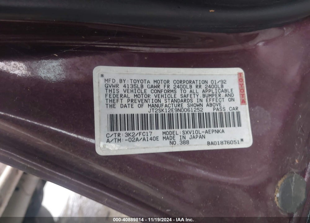 1992 TOYOTA CAMRY LE VIN: JT2SK12E9N0061252