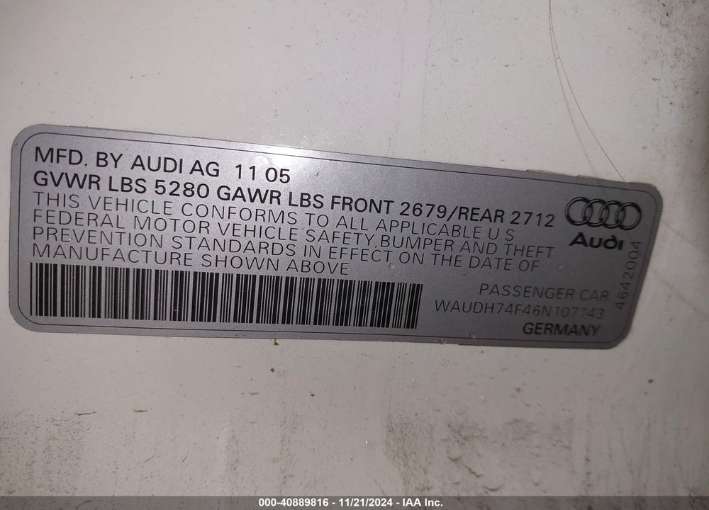 2006 AUDI A6 3.2 VIN: WAUDH74F46N107143