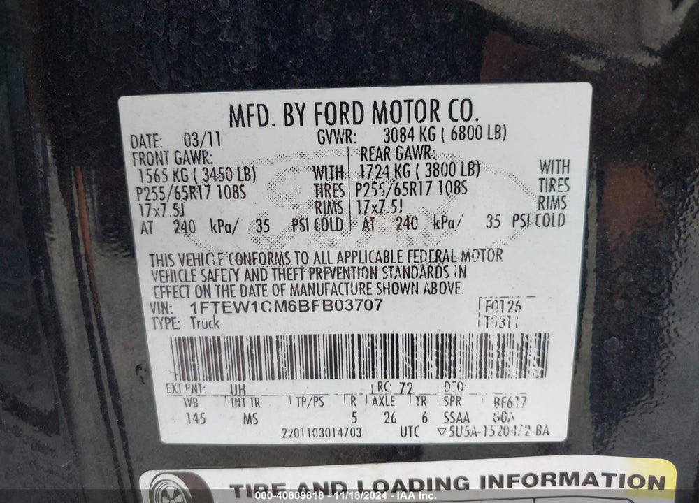 2011 FORD F-150 XLT VIN: 1FTEW1CM6BFB03707
