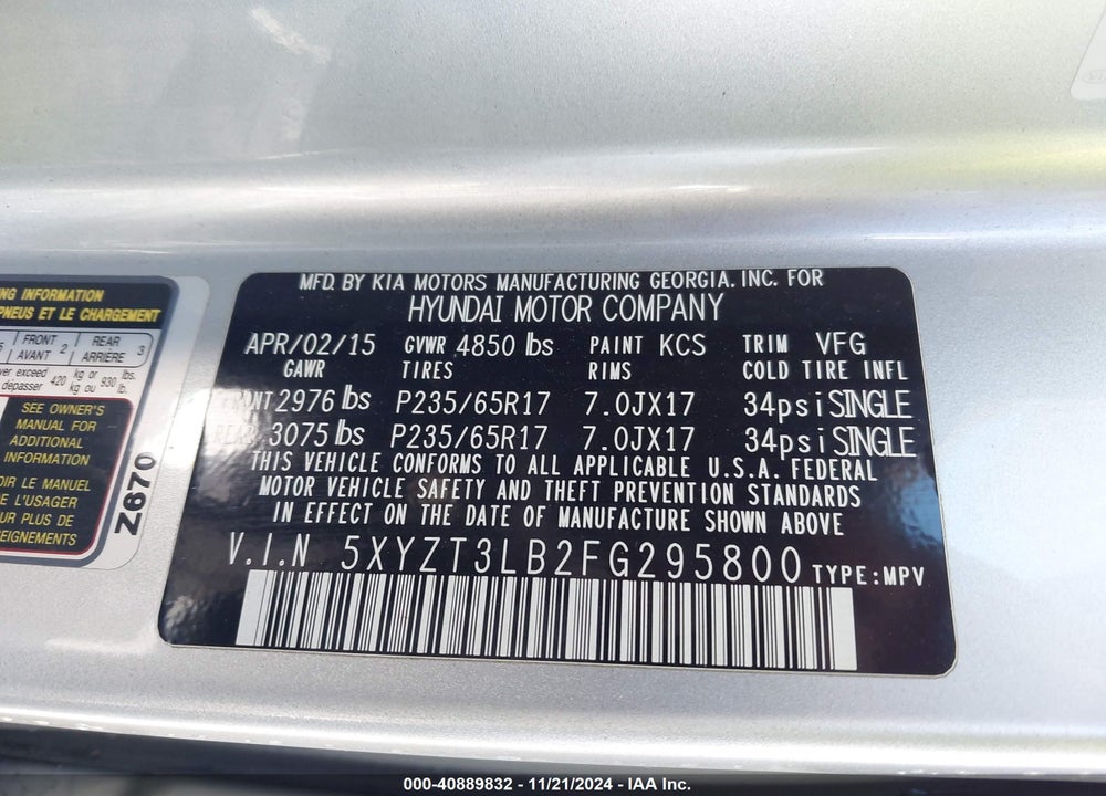 2015 HYUNDAI SANTA FE SPORT 2.4L VIN: 5XYZT3LB2FG295800