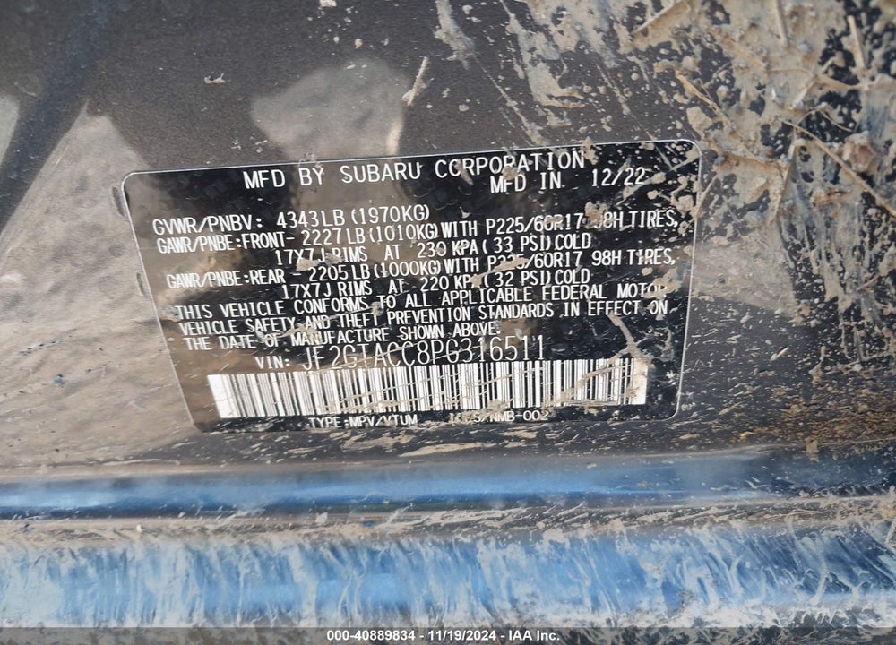 2023 SUBARU CROSSTREK PREMIUM VIN: JF2GTACC8PG316511
