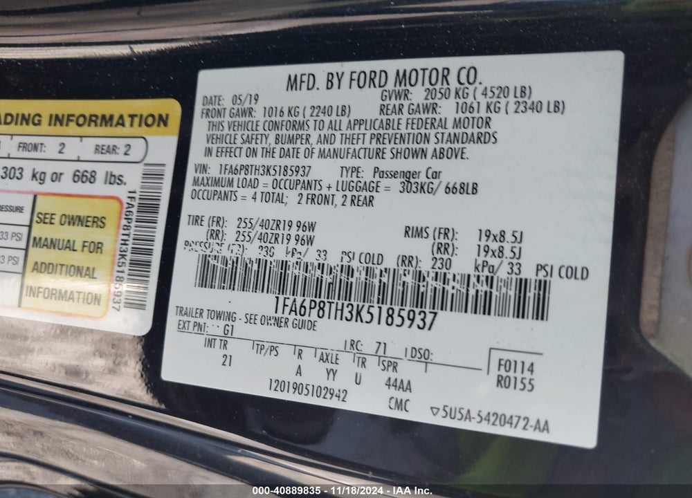 2019 FORD MUSTANG ECOBOOST VIN: 1FA6P8TH3K5185937