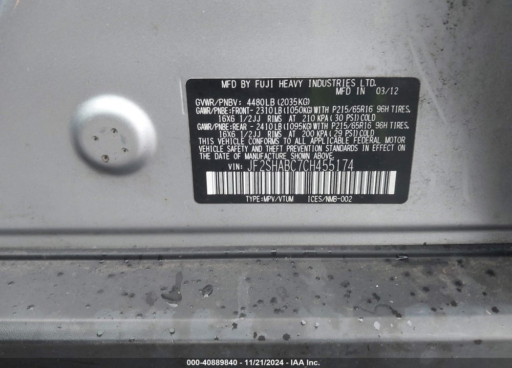 2012 SUBARU FORESTER 2.5X VIN: JF2SHABC7CH455174