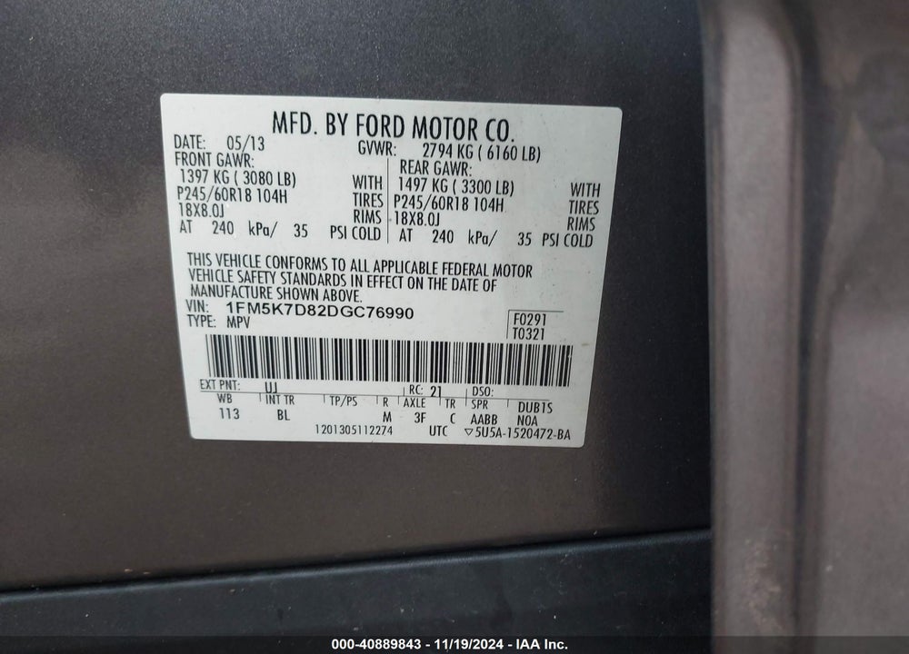 2013 FORD EXPLORER XLT VIN: 1FM5K7D82DGC76990