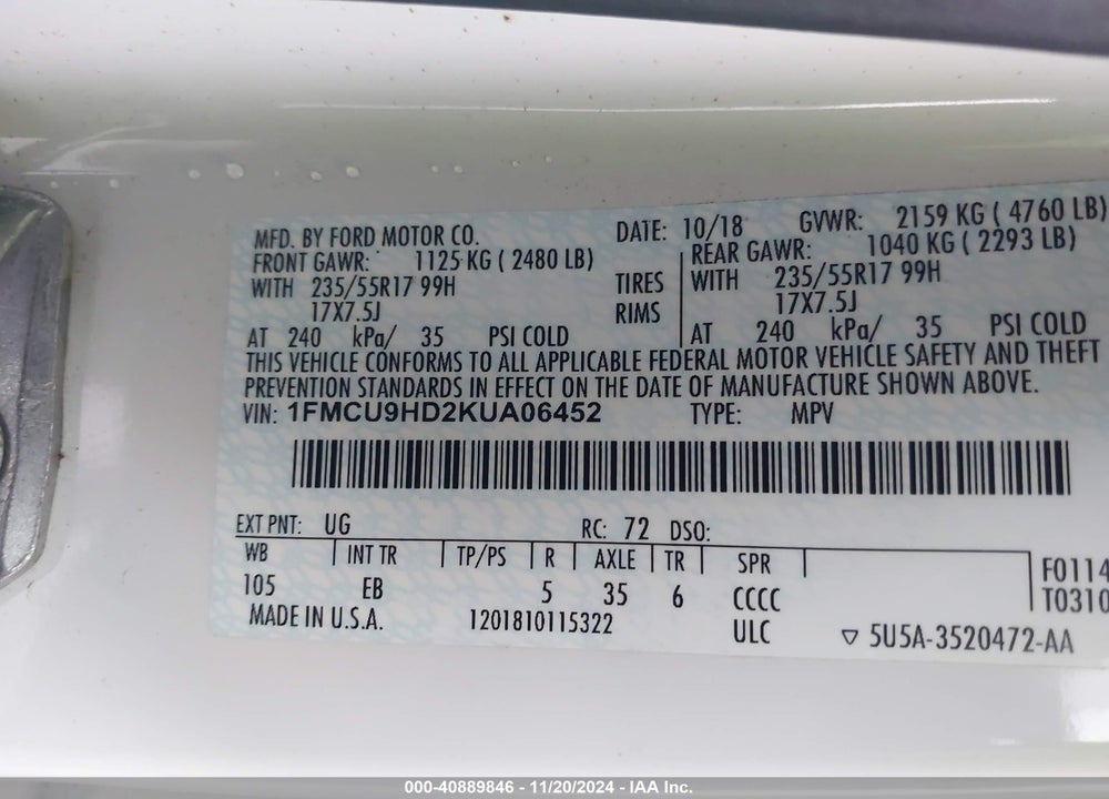 2019 FORD ESCAPE SEL VIN: 1FMCU9HD2KUA06452