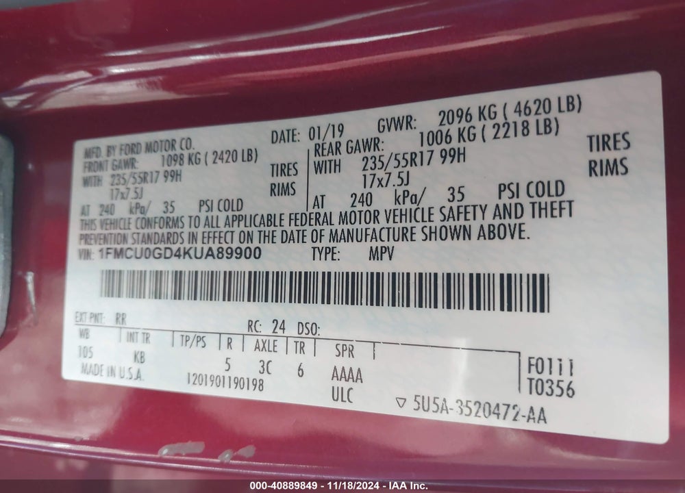 2019 FORD ESCAPE SE VIN: 1FMCU0GD4KUA89900