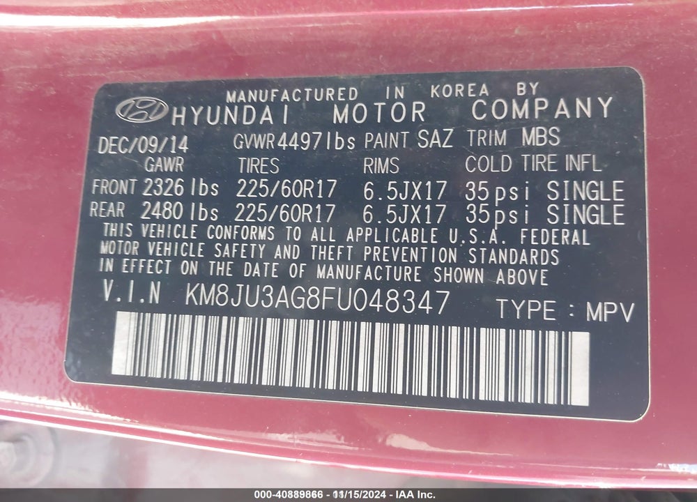 2015 HYUNDAI TUCSON SE VIN: KM8JU3AG8FU048347