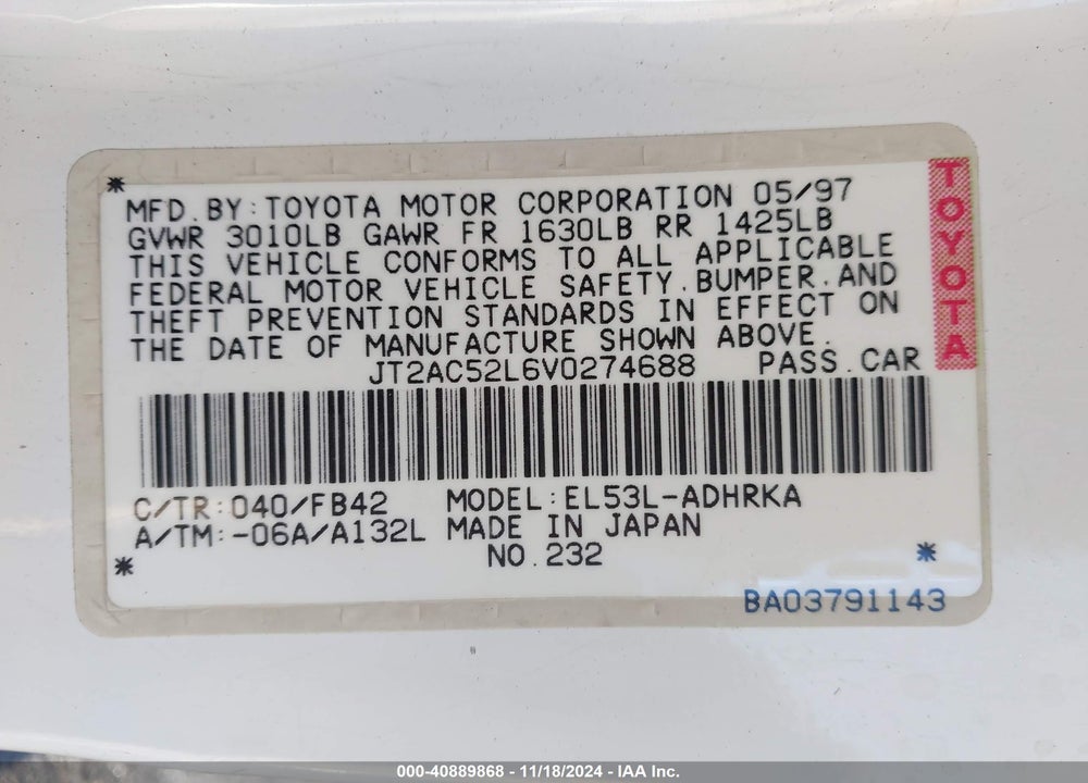 1997 TOYOTA TERCEL LIMITED EDITION VIN: JT2AC52L6V0274688