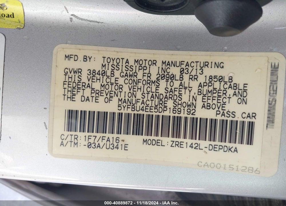 2013 TOYOTA COROLLA VIN: 5YFBU4EE5DP169192