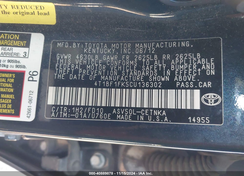 2012 TOYOTA CAMRY LE VIN: 4T1BF1FK5CU136302