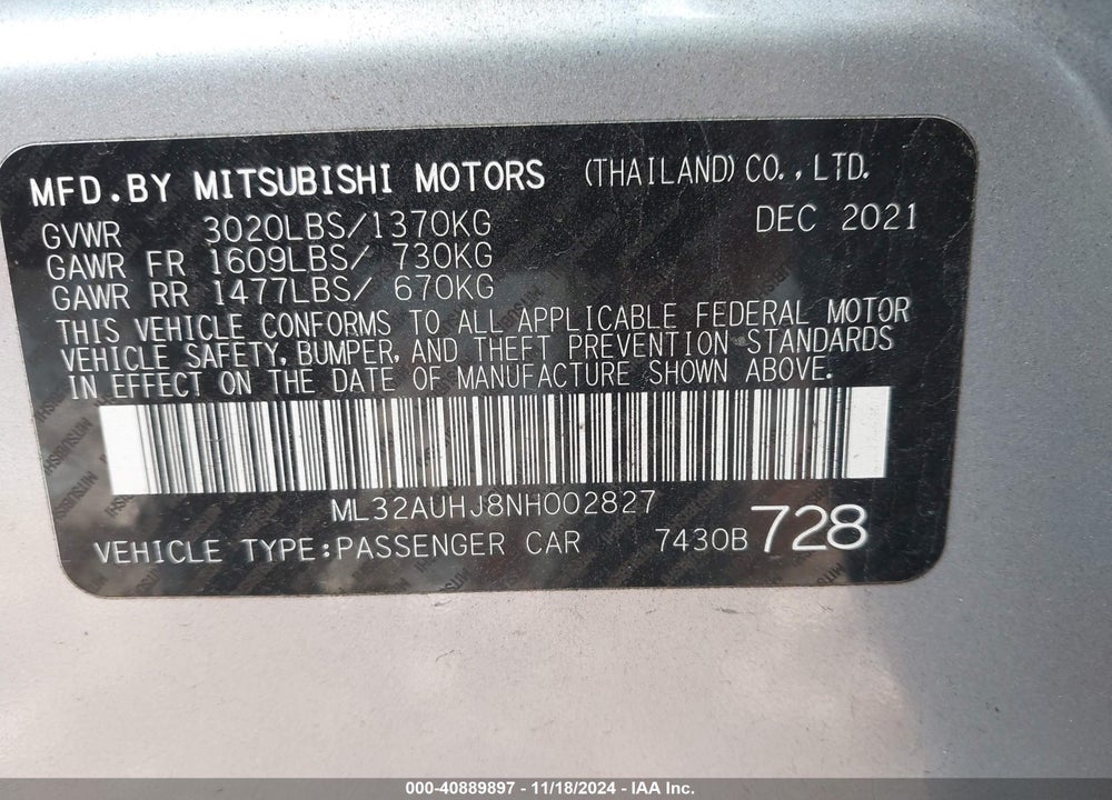 2022 MITSUBISHI MIRAGE ES/LE VIN: ML32AUHJ8NH002827