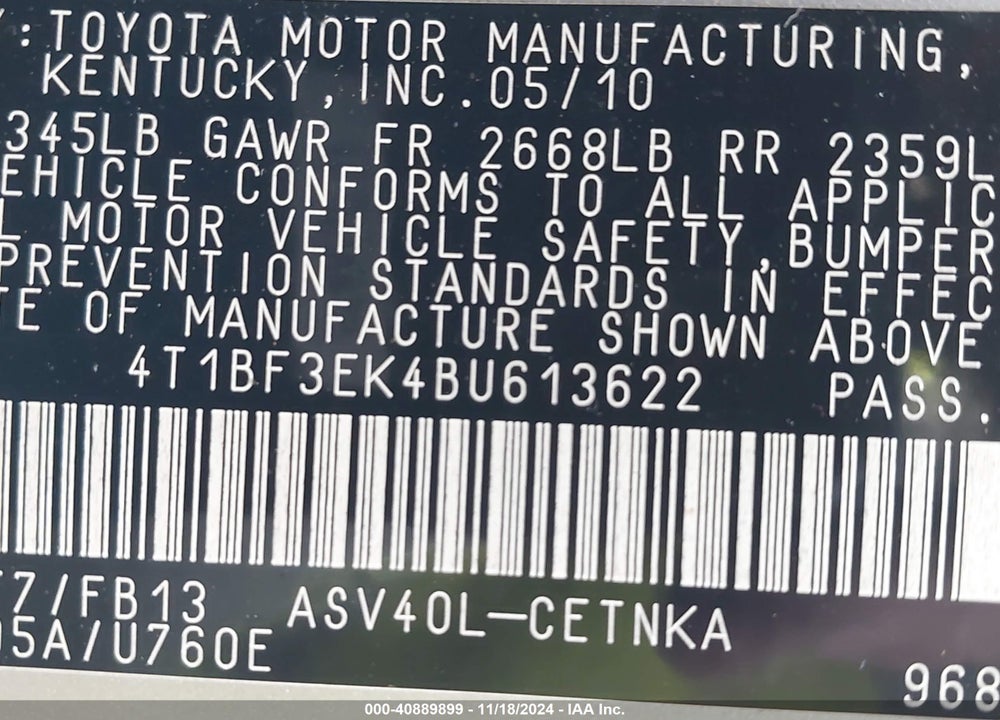 2011 TOYOTA CAMRY VIN: 4T1BF3EK4BU613622