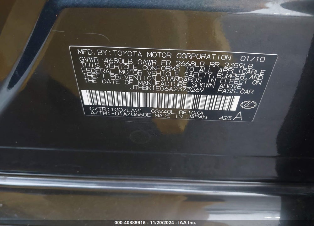 2010 LEXUS ES 350 VIN: JTHBK1EG6A2373269