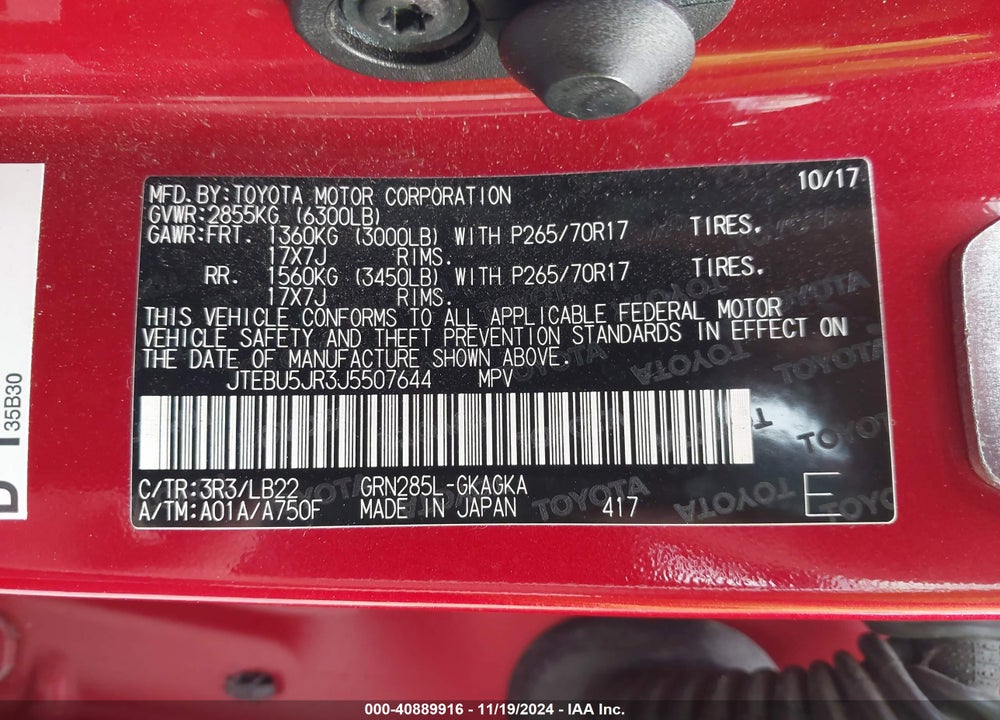 2018 TOYOTA 4RUNNER SR5 PREMIUM VIN: JTEBU5JR3J5507644