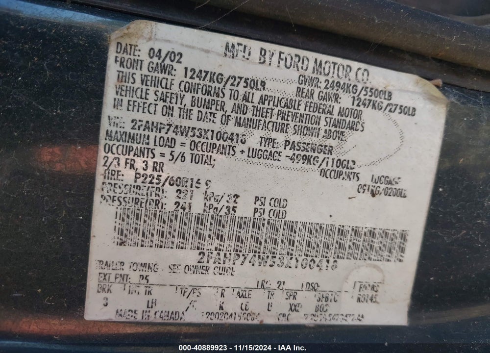 2003 FORD CROWN VICTORIA LX VIN: 2FAHP74W53X100418
