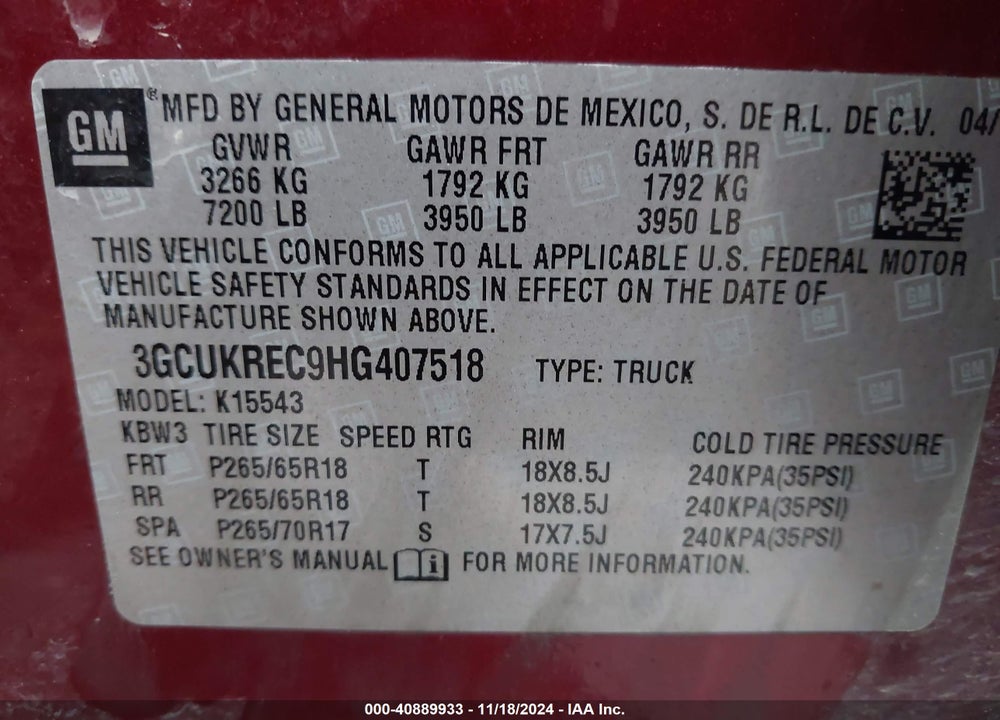 2017 CHEVROLET SILVERADO 1500 2LT VIN: 3GCUKREC9HG407518