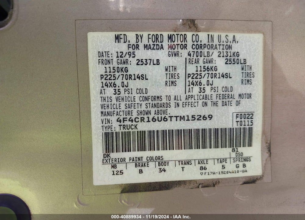1996 MAZDA B3000 CAB PLUS VIN: 4F4CR16U6TTM15269