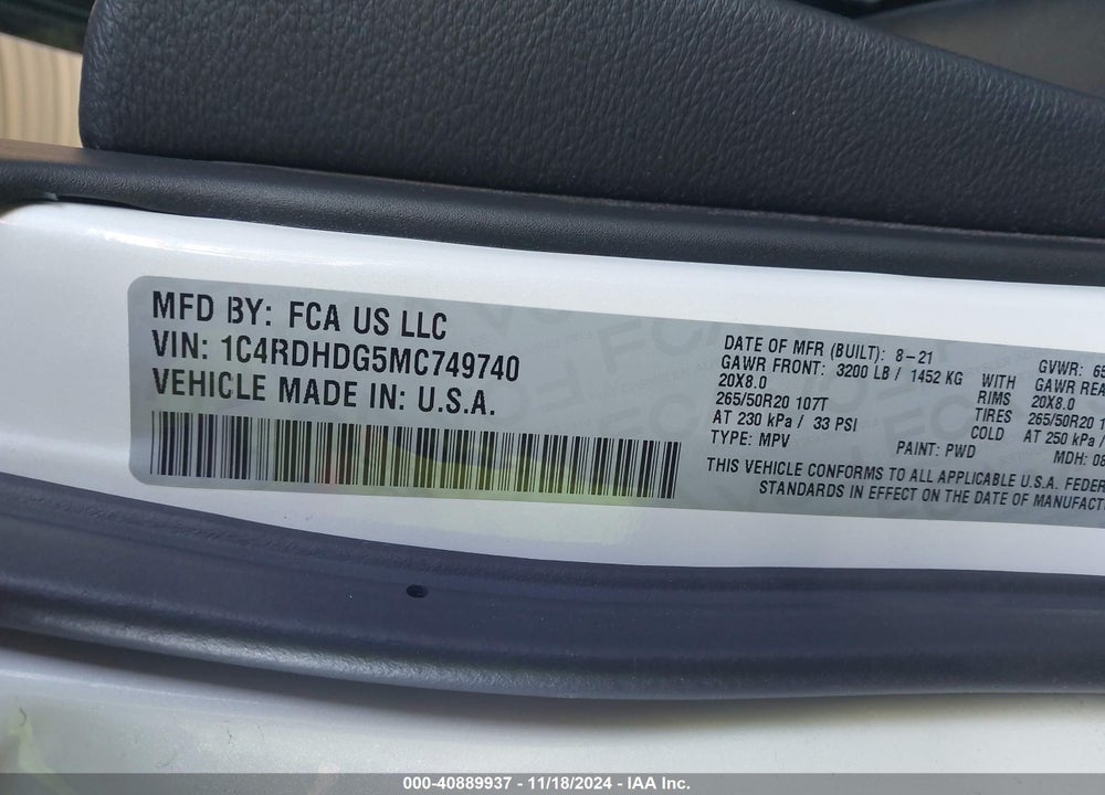 2021 DODGE DURANGO GT RWD VIN: 1C4RDHDG5MC749740