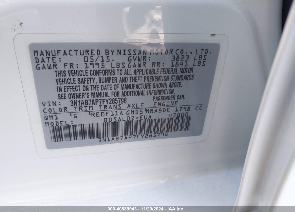 2015 NISSAN SENTRA SV VIN: 3N1AB7AP7FY285798
