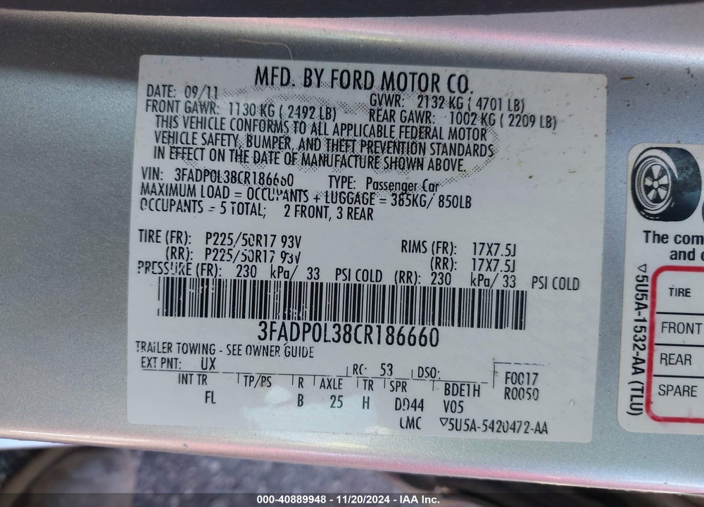2012 FORD FUSION HYBRID VIN: 3FADP0L38CR186660