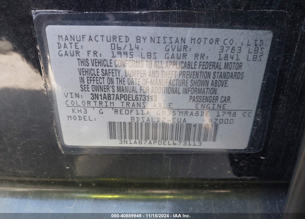2014 NISSAN SENTRA SV VIN: 3N1AB7AP0EL673113