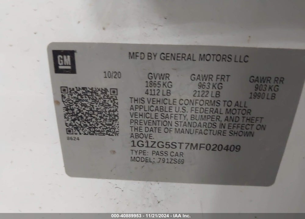 2021 CHEVROLET MALIBU FWD RS VIN: 1G1ZG5ST7MF020409