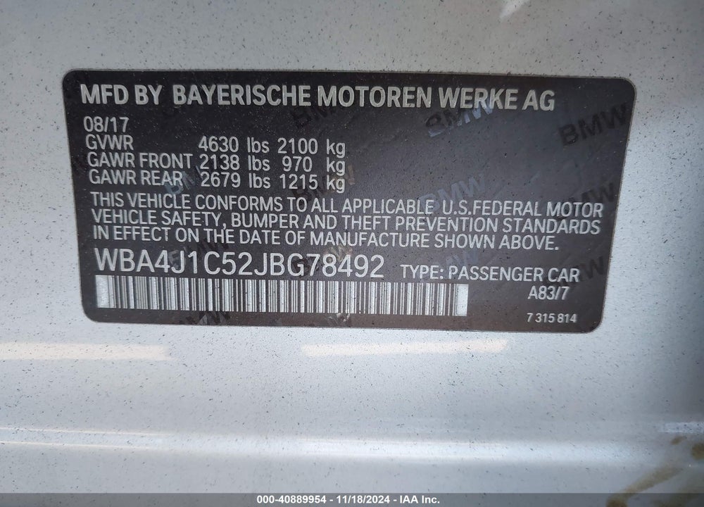 2018 BMW 430I GRAN COUPE VIN: WBA4J1C52JBG78492