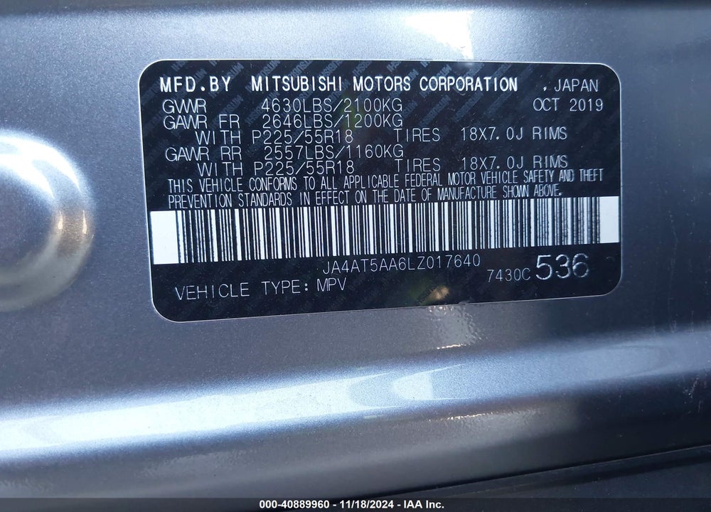 2020 MITSUBISHI ECLIPSE CROSS SE 1.5T AWC/SEL 1.5T AWC VIN: JA4AT5AA6LZ017640