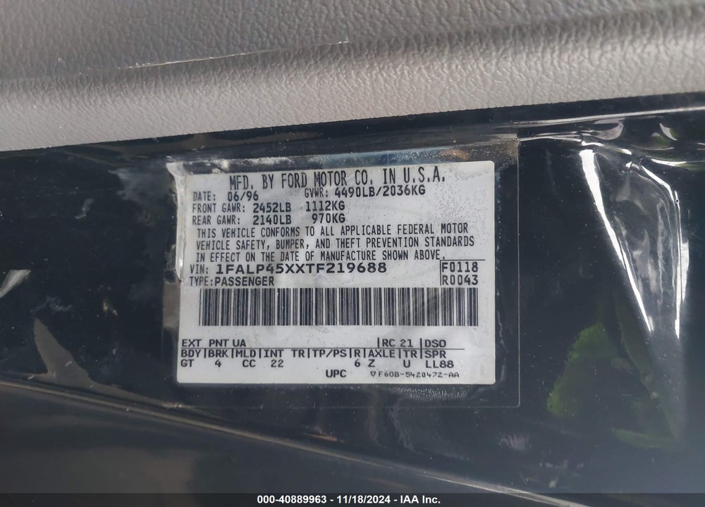 1996 FORD MUSTANG GT VIN: 1FALP45XXTF219688