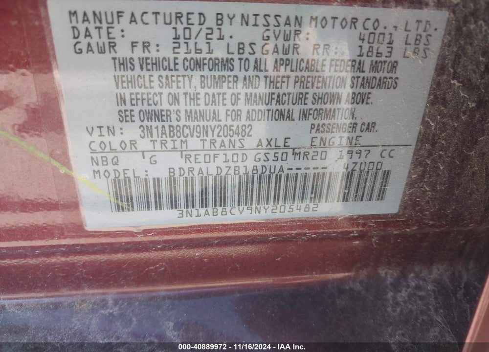 2022 NISSAN SENTRA VIN: 3N1AB8CV9NY205482