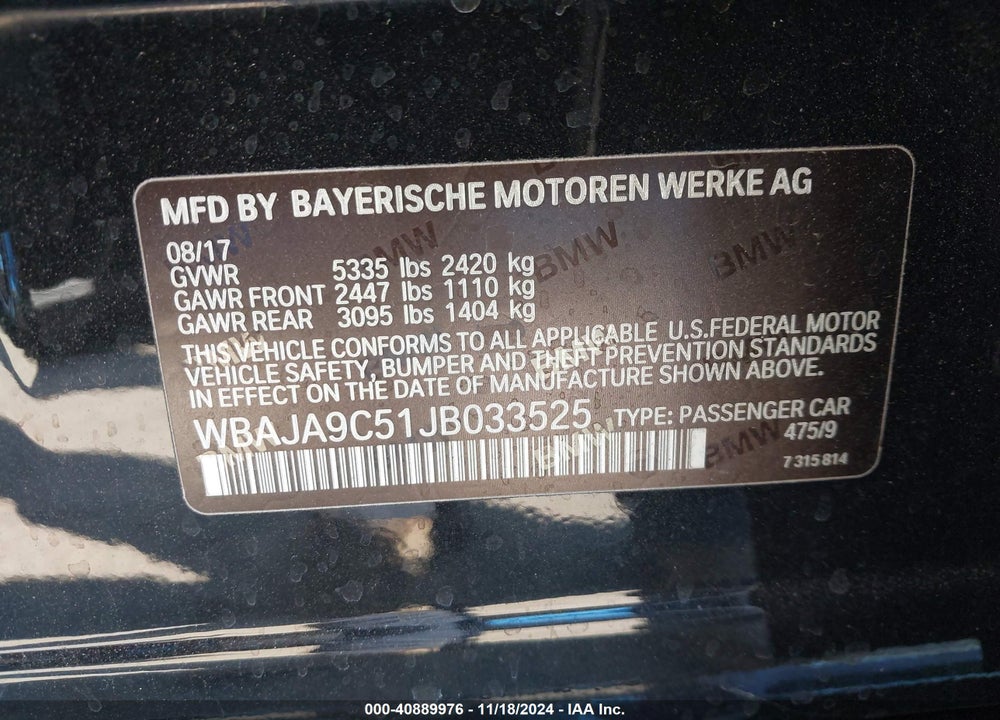 2018 BMW 530E IPERFORMANCE VIN: WBAJA9C51JB033525