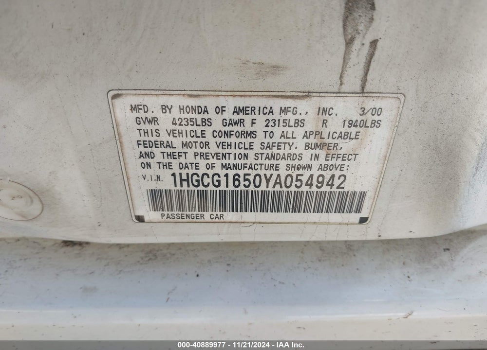 2000 HONDA ACCORD 3.0 EX VIN: 1HGCG1650YA054942
