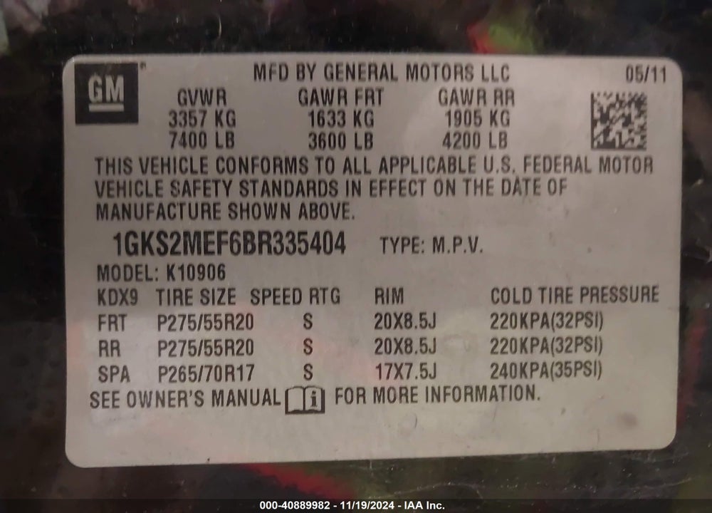 2011 GMC YUKON XL 1500 DENALI VIN: 1GKS2MEF6BR335404
