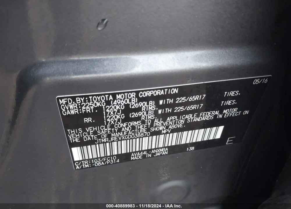 2016 TOYOTA RAV4 HV VIN: JTMRJREVXGD038870