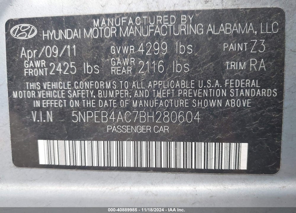 2011 HYUNDAI SONATA GLS VIN: 5NPEB4AC7BH280604