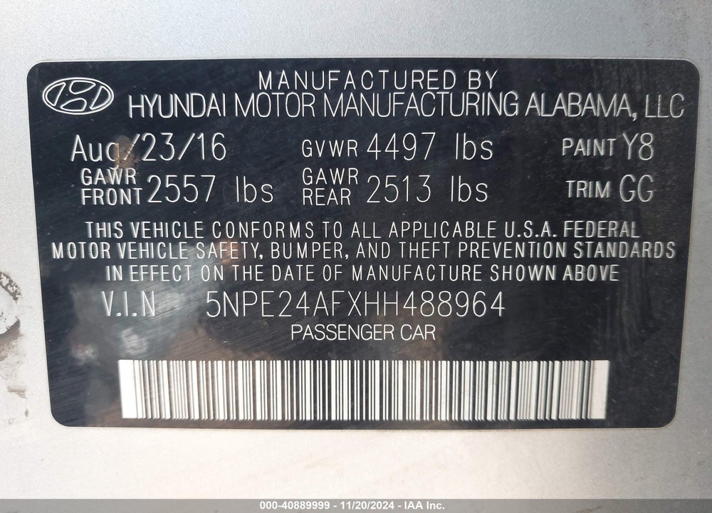 2017 HYUNDAI SONATA VIN: 5NPE24AFXHH488964