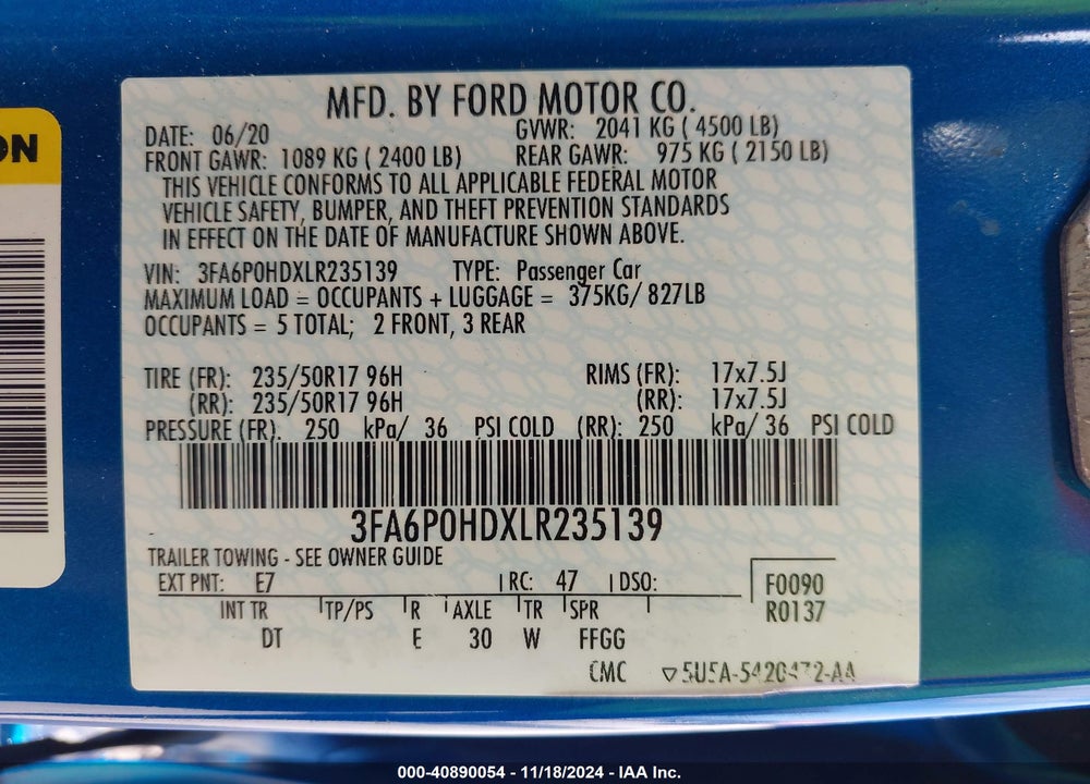 2020 FORD FUSION SE VIN: 3FA6P0HDXLR235139